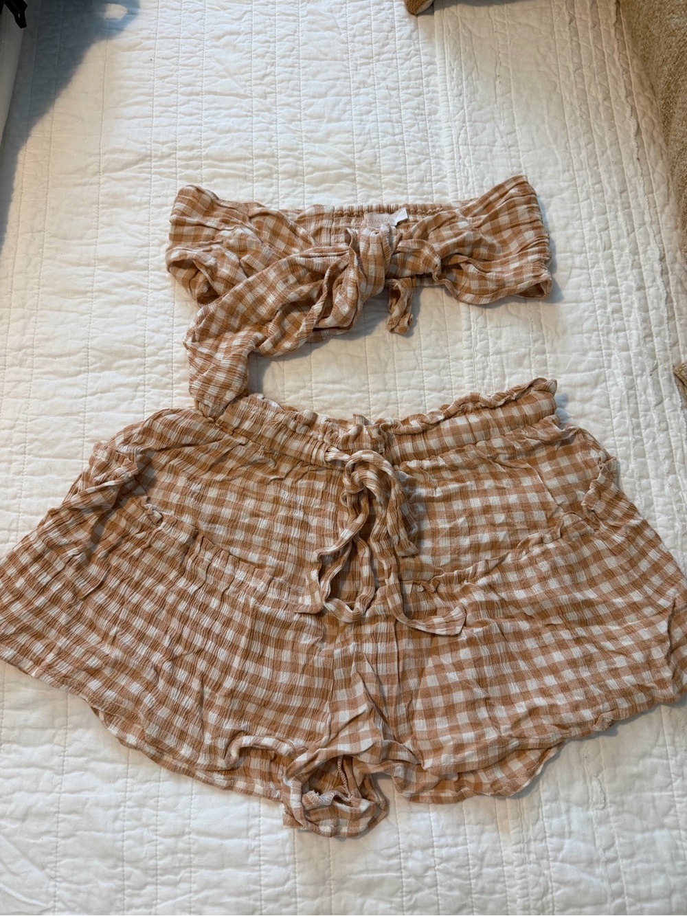 Olivaceous Tan and White Gingham Two-Piece Set